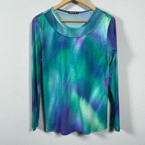 David Cline Watercolor Mesh Top Womens Medium Blue Teal Aztec Burnout 6908L